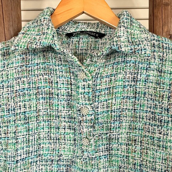 Zara Tweed Top Short Sleeve Button Up Green Blue White Boxy Blouse Size S - Picture 5 of 5